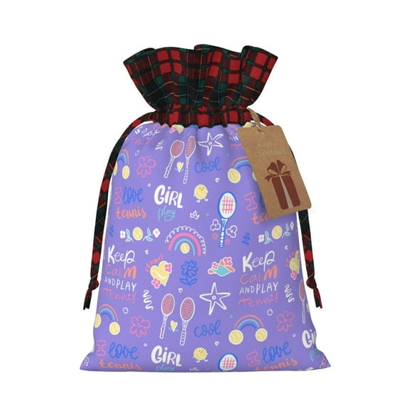 KLL Tennis 1 for Christmas Gift Bag,Christmas Burlap Goody Gift Bags with Plaid Drawstrings for Xmas Presents Holiday Party Favor Treats Candy-Black