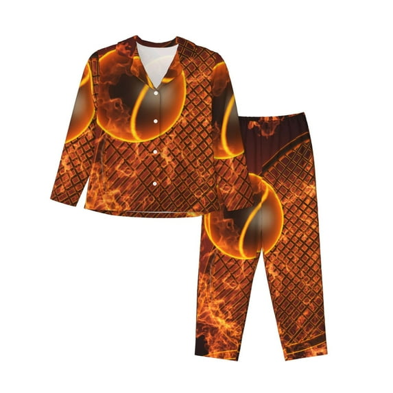 KLL Tennis Racket In Fire Print Women's Long Sleeve Pajamas with Pants Sleepwear Loungewear 2 Set-XX-Large