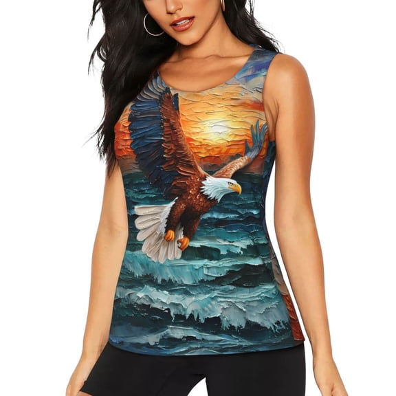 KLL Textured Bald Eagle Print Womens Tank Top Sleeveless Workout Tops Athletic Running Shirts Yoga Gym Clothes-Small
