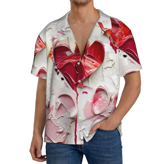 KLL Textured Heart Abstract Art Print Men's Shirt Short Sleeve Button Down Summer Cuba Beach Shirts- Medium