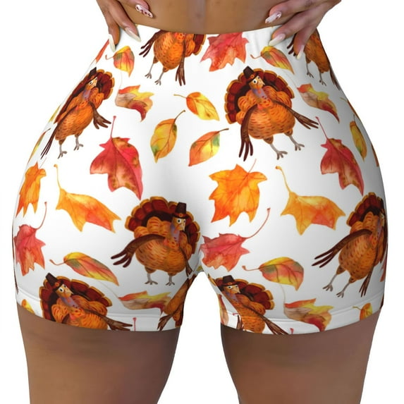 KLL Thanksgiving Turkey Leaves Pattern Workout Shorts for Women Scrunch Short Gym Yoga Running Sport Active Exercise Fitness Shorts