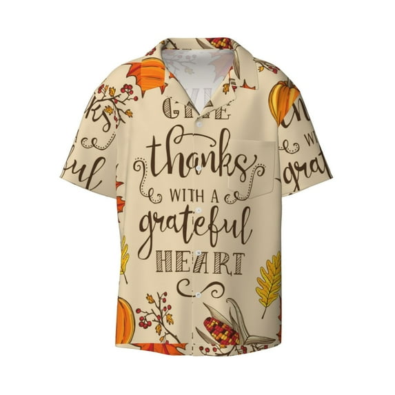 KLL Thanksgiving With A Grateful Heart Print Men's Shirt Short Sleeve Button Down Summer Cuba Beach Shirts- Small