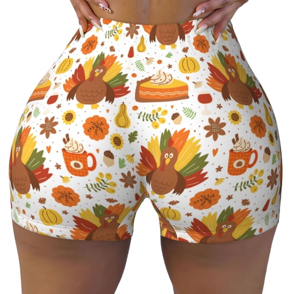 KLL Thanksgiving With Turkey Pattern Workout Shorts for Women Scrunch Short Gym Yoga Running Sport Active Exercise Fitness Shorts