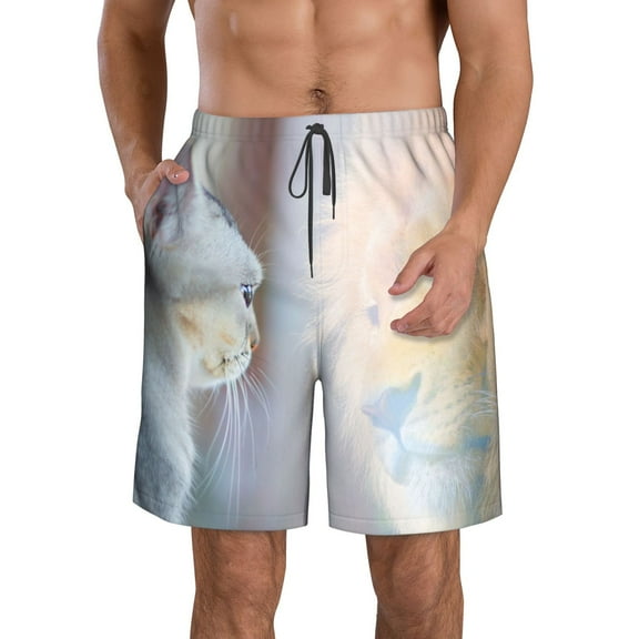 KLL The Cat Looks in the Mirror Men's Casual Summer Beach Shorts Hawaiian Shorts with Pockets-Small