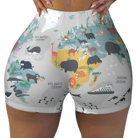 KLL The World Map with Cartoon Animals Pattern Workout Shorts for Women Scrunch Short Gym Yoga Running Sport Active Exercise Fitness Shorts