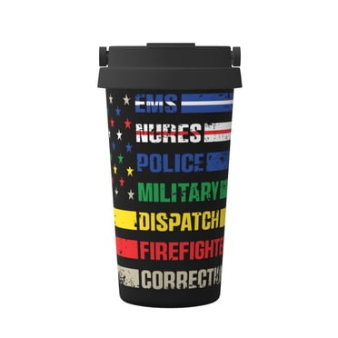 Rothco Thin Blue Line Travel Coffee Mug – 16oz Insulated Stainless Steel, Black With US Flag Design