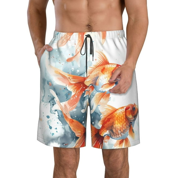 KLL Three Goldfish Watercolor Splash Men's Casual Summer Beach Shorts Hawaiian Shorts with Pockets-3X-Large