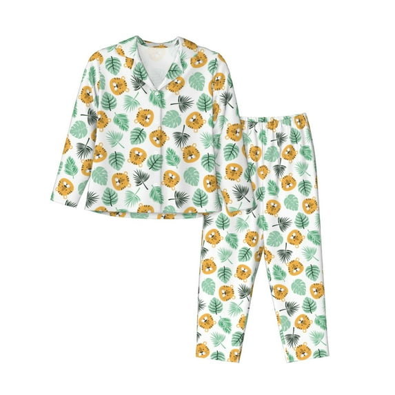 KLL Tiger Leaves Print Women's Long Sleeve Pajamas with Pants Sleepwear Loungewear 2 Set-X-Large