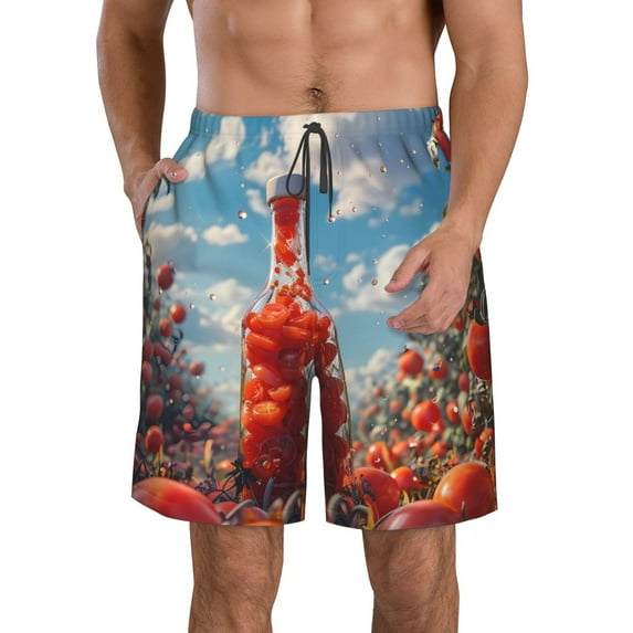 KLL Tomato Field Bottle Men's Casual Summer Beach Shorts Hawaiian Shorts with Pockets-Medium