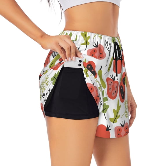 KLL Tomatoes Pattern Shorts Women,Athletic Shorts High Waisted Running Shorts Pocket Sporty Short Gym Elastic Workout Shorts-X-Large