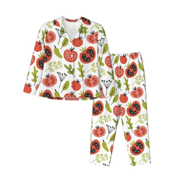 KLL Tomatoes Print Women's Long Sleeve Pajamas with Pants Sleepwear Loungewear 2 Set-Medium