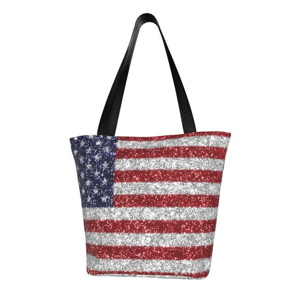 KLL Tote Bag for Women America Flag Glitter Print Shopping Grocery Reusable Bags for Office School Shopping Travel