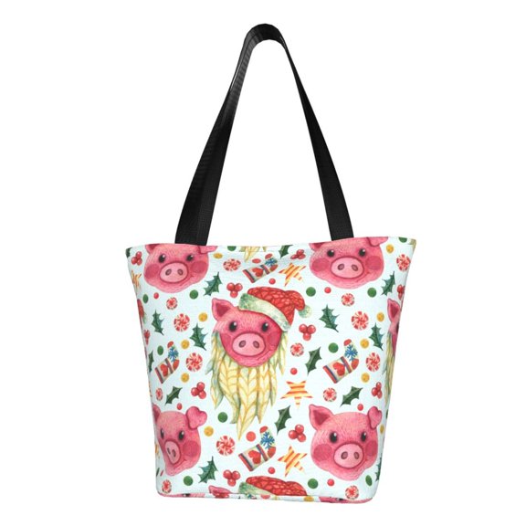 KLL Tote Bag for Women Christmas Cute Pigs Print Shopping Grocery Reusable Bags for Office School Shopping Travel