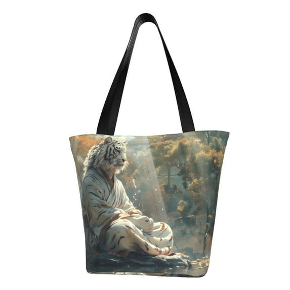 KLL Tote Bag for Women Forest Meditating White Tiger Print Shopping Grocery Reusable Bags for Office School Shopping Travel