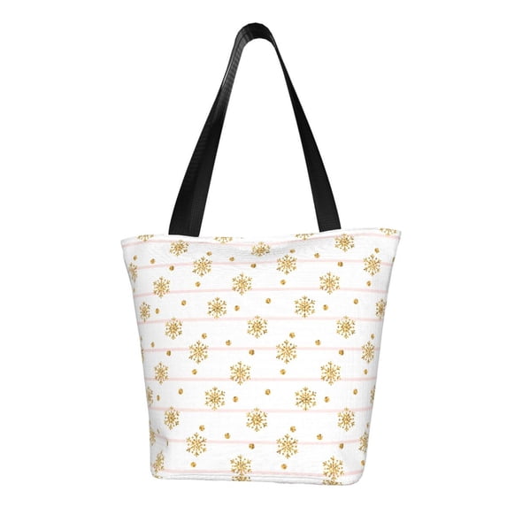KLL Tote Bag for Women Gold Snowflake Stripes Print Shopping Grocery Reusable Bags for Office School Shopping Travel