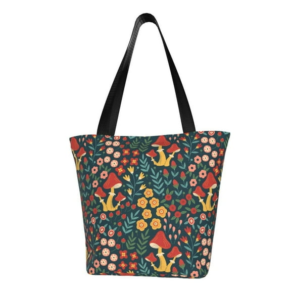 KLL Tote Bag for Women Mushrooms And Flowers Print Shopping Grocery Reusable Bags for Office School Shopping Travel