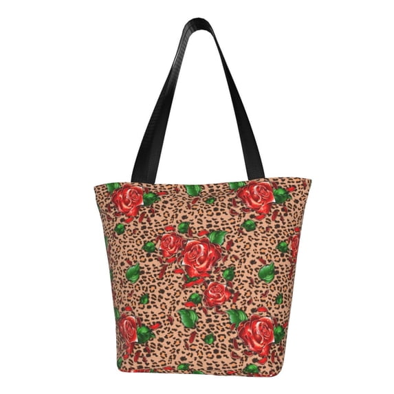 KLL Tote Bag for Women Rose Mix Leopard 1 Print Shopping Grocery Reusable Bags for Office School Shopping Travel
