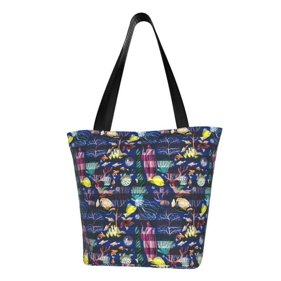 KLL Tote Bag for Women Sea Inhabitans and Herb Print Shopping Grocery Reusable Bags for Office School Shopping Travel