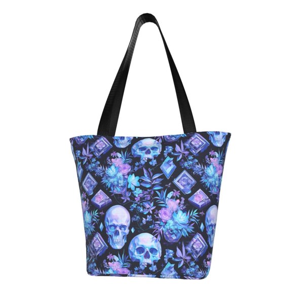 KLL Tote Bag for Women Skull blue crystal flower Print Shopping Grocery Reusable Bags for Office School Shopping Travel
