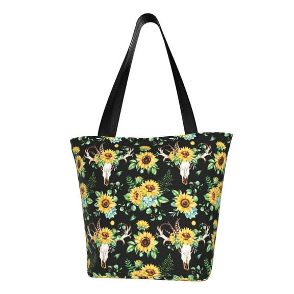 KLL Tote Bag for Women Sunflower Skull Boho Print Shopping Grocery Reusable Bags for Office School Shopping Travel