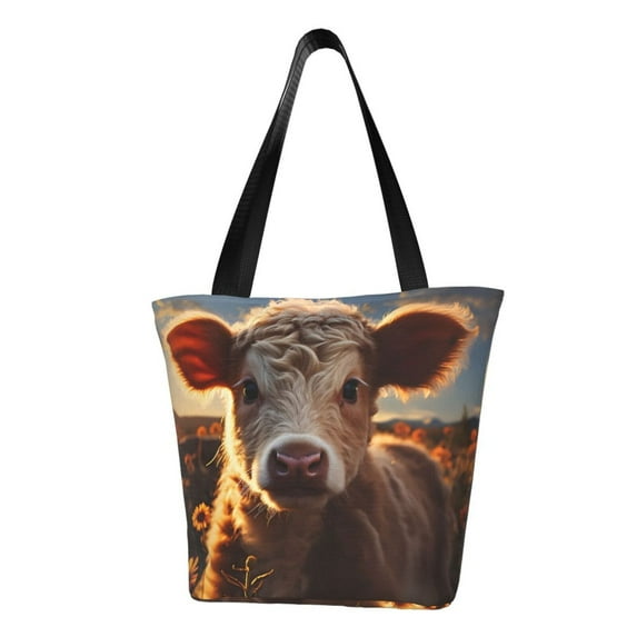 KLL Tote Bag for Women Sunset Sunflower Small Cow Print Shopping Grocery Reusable Bags for Office School Shopping Travel