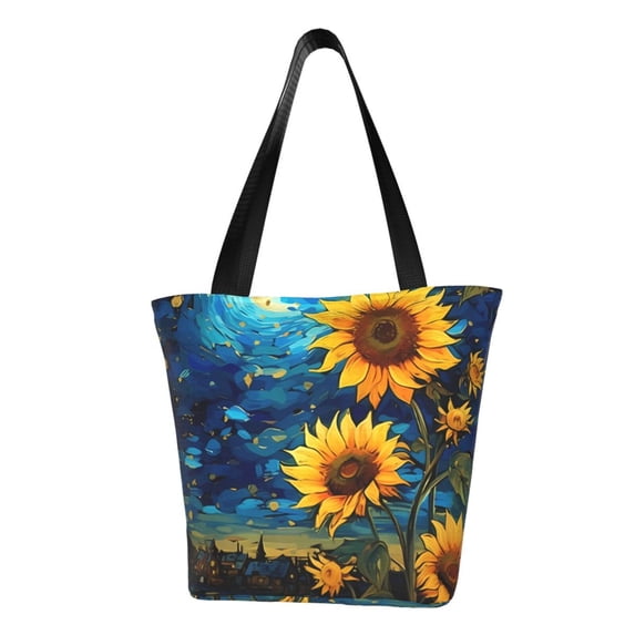 KLL Tote Bag for Women Vintage Starry Sky Sunflower Print Shopping Grocery Reusable Bags for Office School Shopping Travel