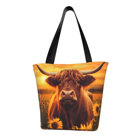 KLL Tote Bag for Women Vintage Sunflower Cow A Print Shopping Grocery Reusable Bags for Office School Shopping Travel