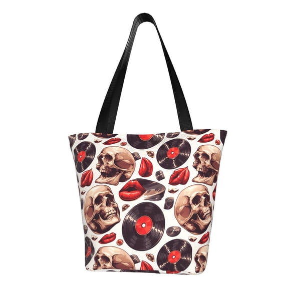 KLL Tote Bag for Women record lips Skull Print Shopping Grocery Reusable Bags for Office School Shopping Travel