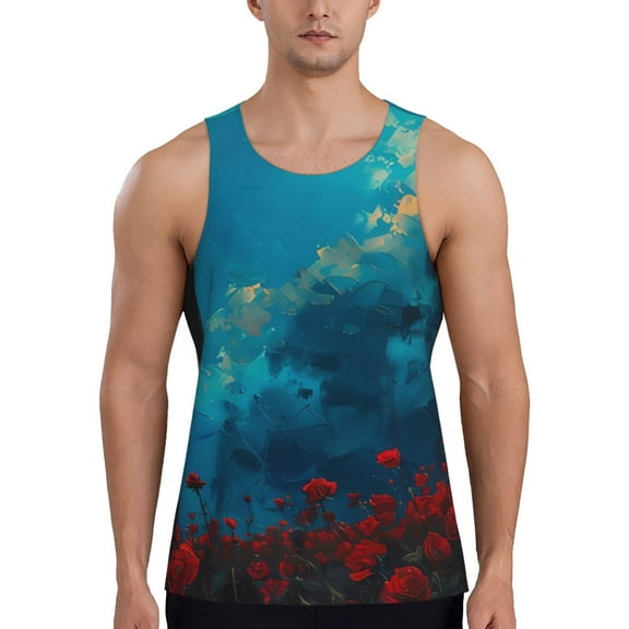 KLL Tower And Red Roses Print Men's Muscle Gym Workout Stringer Tank Tops Bodybuilding Fitness T-Shirts Tank Tops Men-Large