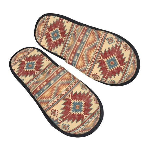 KLL Traditional Tribal Aztec Slippers for Women Men House Slip on Indoor Outdoor Bedroom Furry Fleece Lined Ladies Comfy Anti-Skid Rubber Hard Sole-Large
