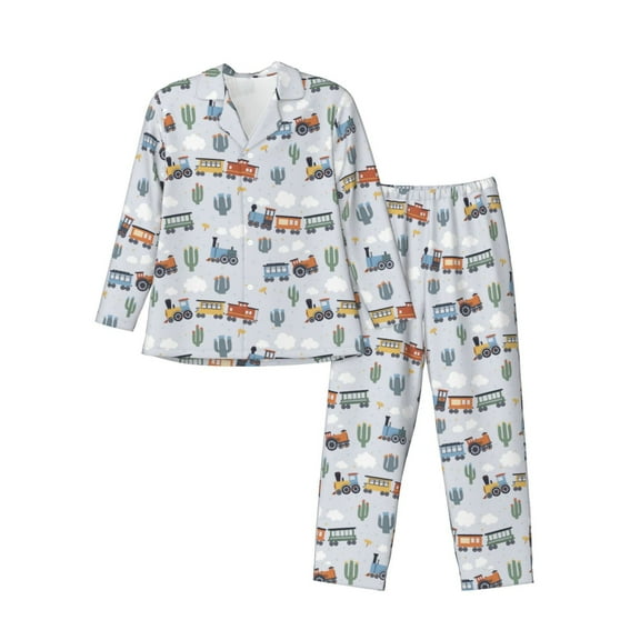 KLL Trains And Cactuse Sleepwear Mens Flannel Pajamas,Long Cotton Pj Set