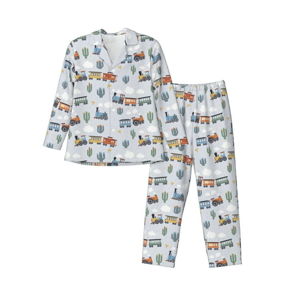 KLL Trains And Cactuse Sleepwear Mens Flannel Pajamas,Long Cotton Pj Set
