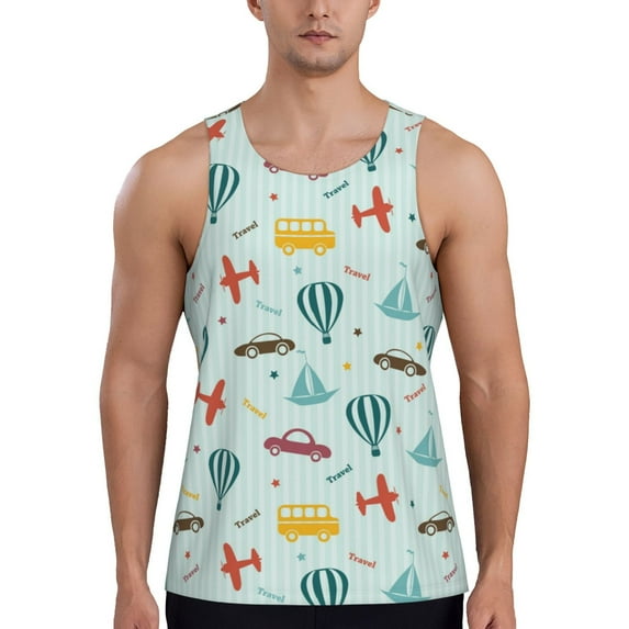 KLL Transport Travel Print Men's Muscle Gym Workout Stringer Tank Tops Bodybuilding Fitness T-Shirts Tank Tops Men-Large