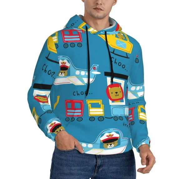 KLL Transportations With Cute Animals Print Mens Hoodie Long Sleeve Casual Pullover Hooded Sweatshirt Fashion Drawstring Hoodies with Pocket-4X-Large