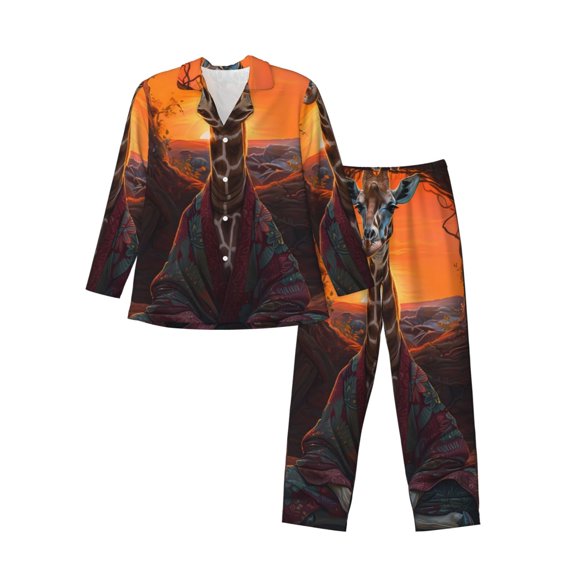 KLL Tree Hollow Meditating Giraffe Sleepwear Mens Flannel Pajamas,Long Cotton Pj Set