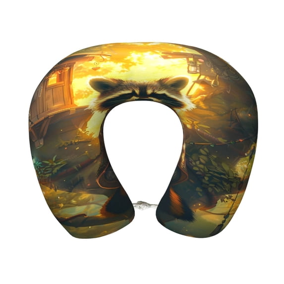 KLL Tree Meditating Raccoon Pattern Memory Foam Cervical Neck Pillow Versatile U-Shaped Pillows for Home/Office/Camping/Travelling/Soft Washable Cover