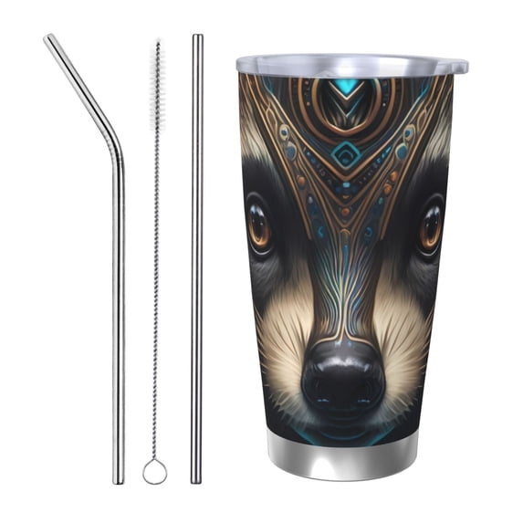KLL Tribal Style Raccoon Print 40oz Stainless Steel Insulated Car Cup with Spillproof Lid - Keep Your Drink Hot or Cold on the Go-Straw Three-piece Set