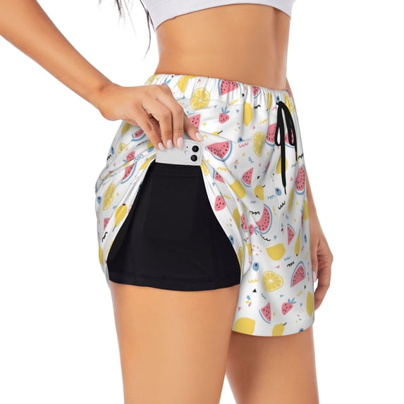 KLL Tropical Fruit Pattern Shorts Women,Athletic Shorts High Waisted Running Shorts Pocket Sporty Short Gym Elastic Workout Shorts-XX-Large