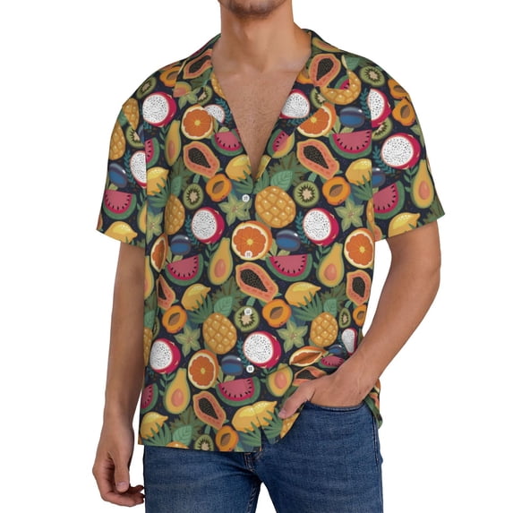 KLL Tropical Fruits Print Men's Shirt Short Sleeve Button Down Summer Cuba Beach Shirts- Medium