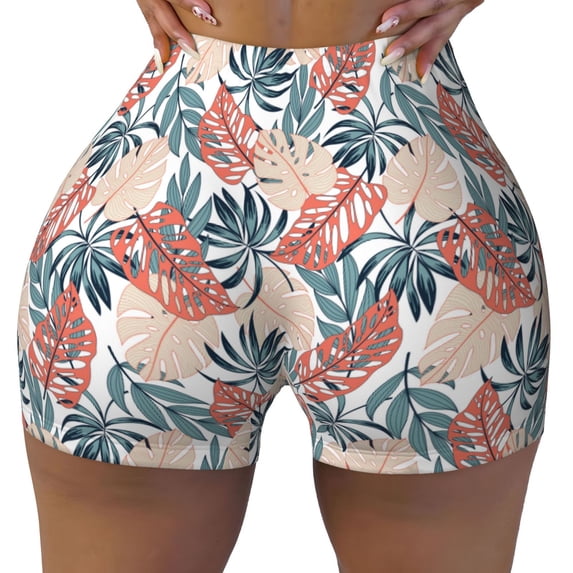 KLL Tropical Leaves Pattern Workout Shorts for Women Scrunch Short Gym Yoga Running Sport Active Exercise Fitness Shorts