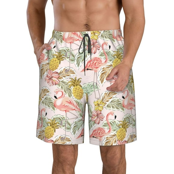 KLL Tropical Pink Flamingo Pineapple Men's Casual Summer Beach Shorts Hawaiian Shorts with Pockets-Large