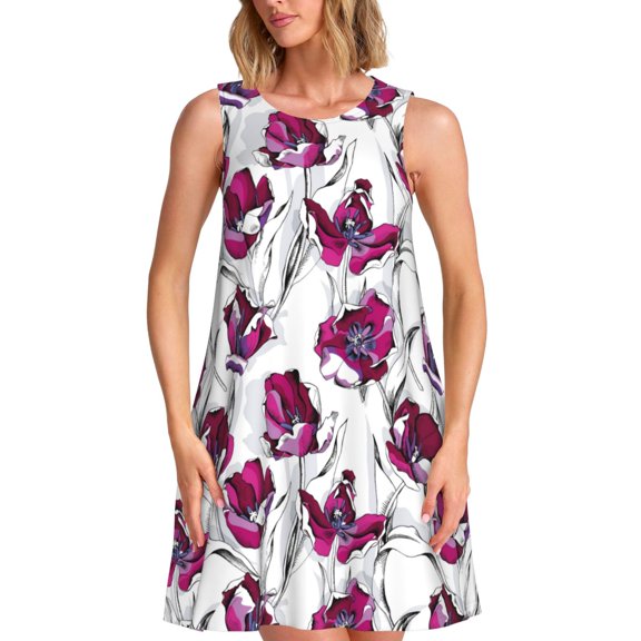 KLL Tulips Flowers Pattern Womens Summer Dresses 2025,Loose Round Neck Sleeveless Sundresses Tank Dresses with Pockets