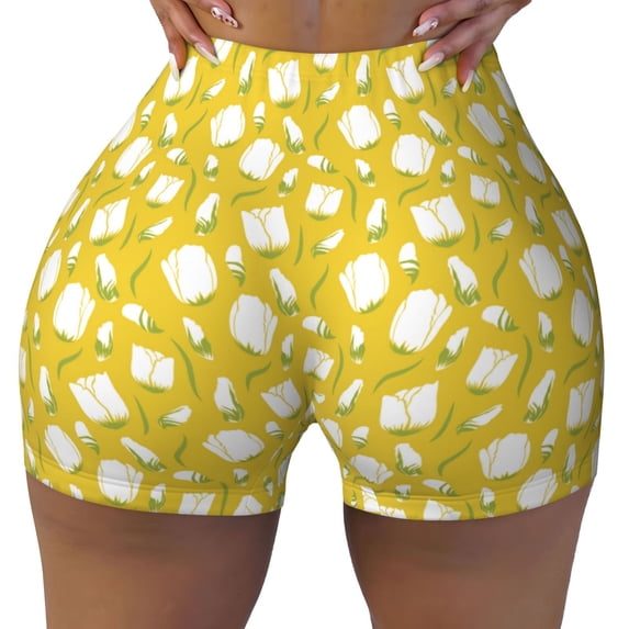 KLL Tulips Flowers Pattern Workout Shorts for Women Scrunch Short Gym Yoga Running Sport Active Exercise Fitness Shorts