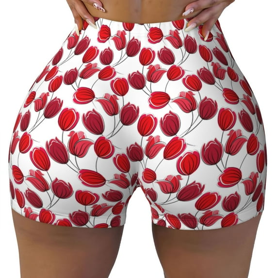 KLL Tulips Flowers Pattern Workout Shorts for Women Scrunch Short Gym Yoga Running Sport Active Exercise Fitness Shorts