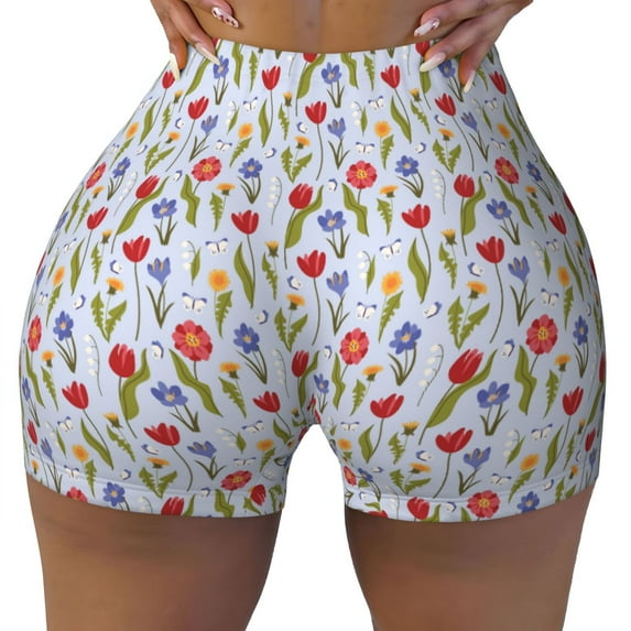KLL Tulips Flowers Pattern Workout Shorts for Women Scrunch Short Gym Yoga Running Sport Active Exercise Fitness Shorts