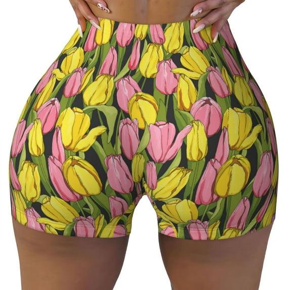 KLL Tulips Flowers Pattern Workout Shorts for Women Scrunch Short Gym Yoga Running Sport Active Exercise Fitness Shorts