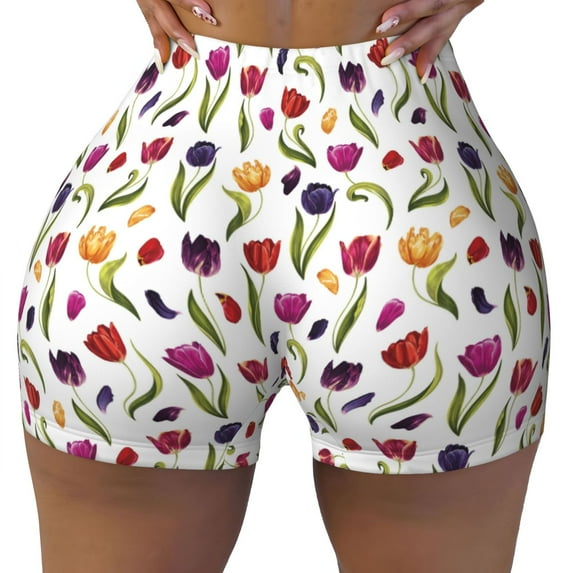 KLL Tulips Flowers Pattern Workout Shorts for Women Scrunch Short Gym Yoga Running Sport Active Exercise Fitness Shorts