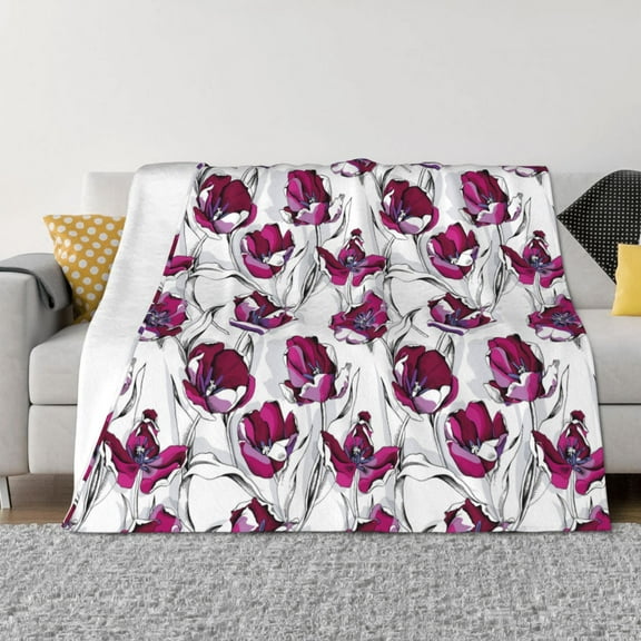 KLL Tulips Flowers Print Fleece Throw Blanket, Horizontal Fleece Bedding Cute Soft Blankets Comfy Fleece Flannel Plush Home Decor for Couch & Bed -40"x30"