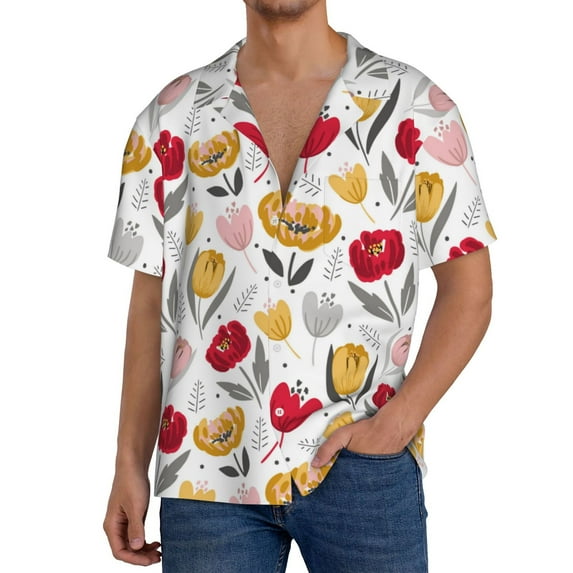 KLL Tulips Flowers Print Men's Shirt Short Sleeve Button Down Summer Cuba Beach Shirts- Small
