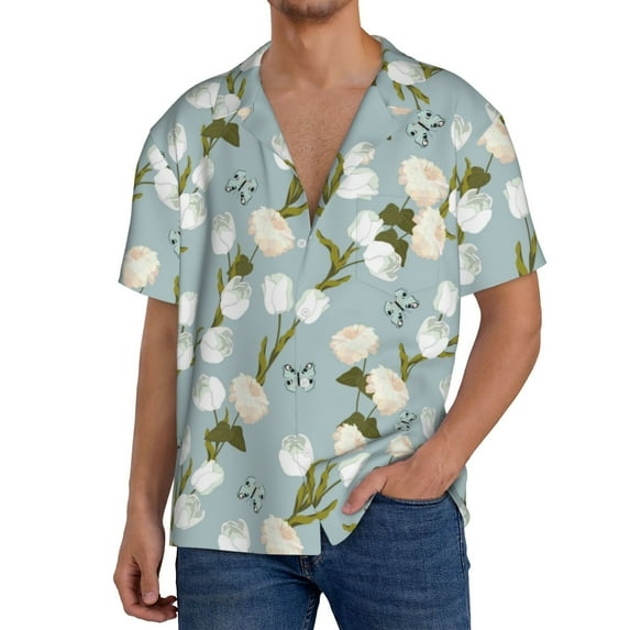 KLL Tulips Flowers Print Men's Shirt Short Sleeve Button Down Summer Cuba Beach Shirts- X-Large